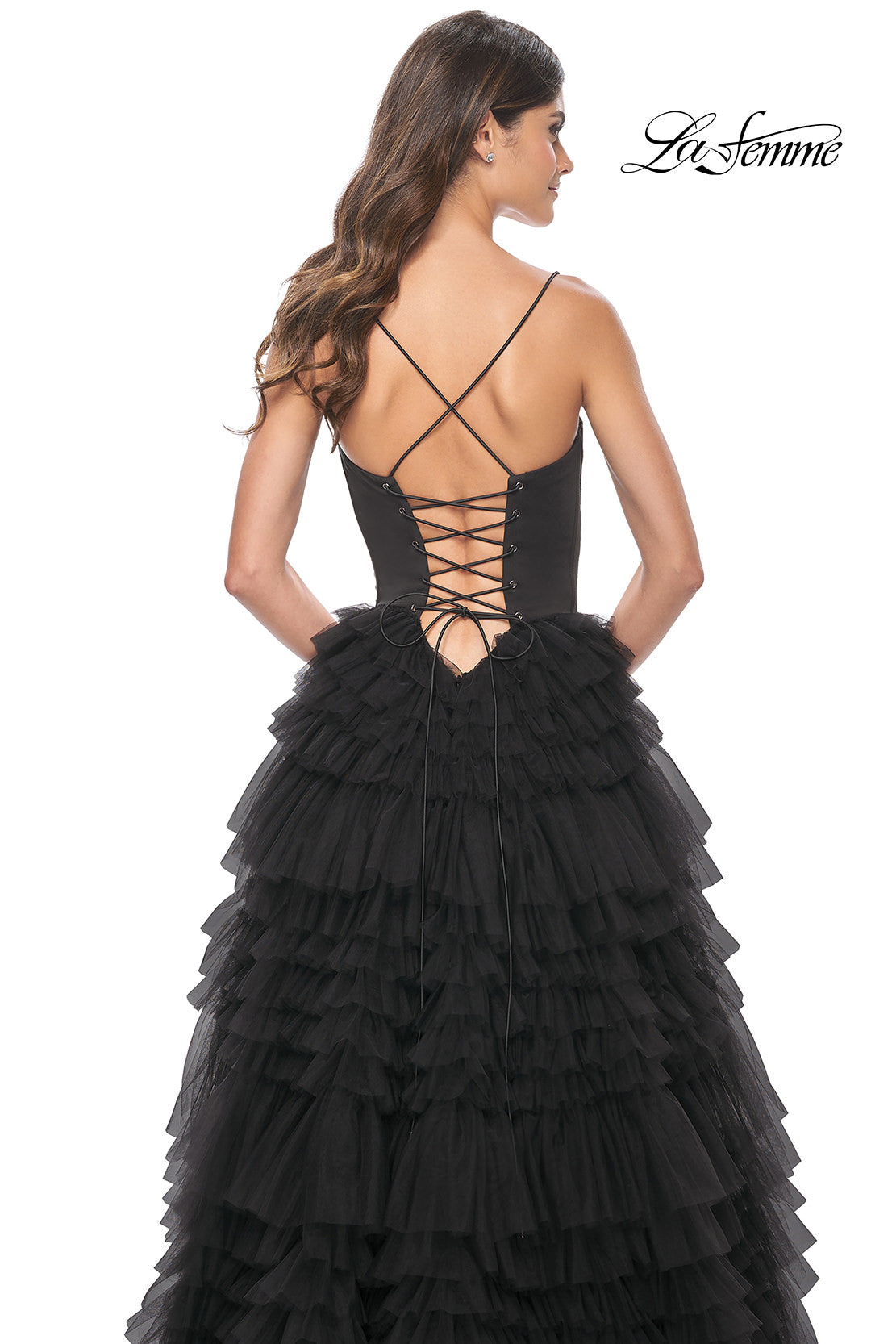 Picture of: Ruffle Tulle A-Line Dress with Satin Bustier Top in Black, Style: 32071, Detail Picture 10
