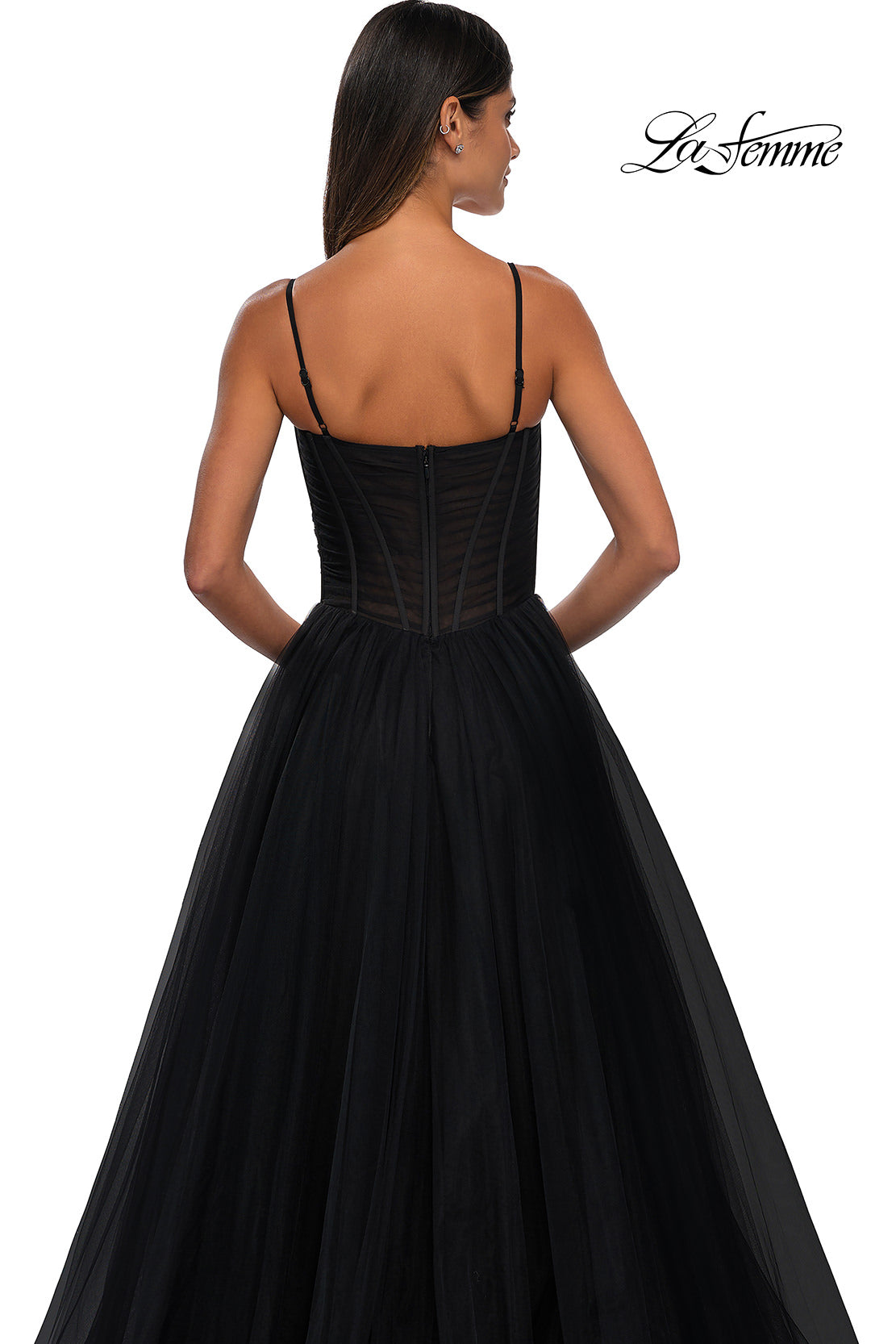 Picture of: Tulle Prom Dress with A-Line Skirt and Ruched Corset Top in Black, Style: 32700, Detail Picture 10