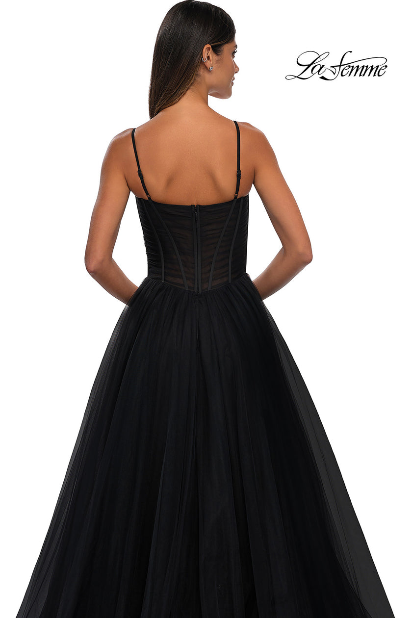 Picture of: Tulle Prom Dress with A-Line Skirt and Ruched Corset Top in Black, Style: 32700, Detail Picture 10