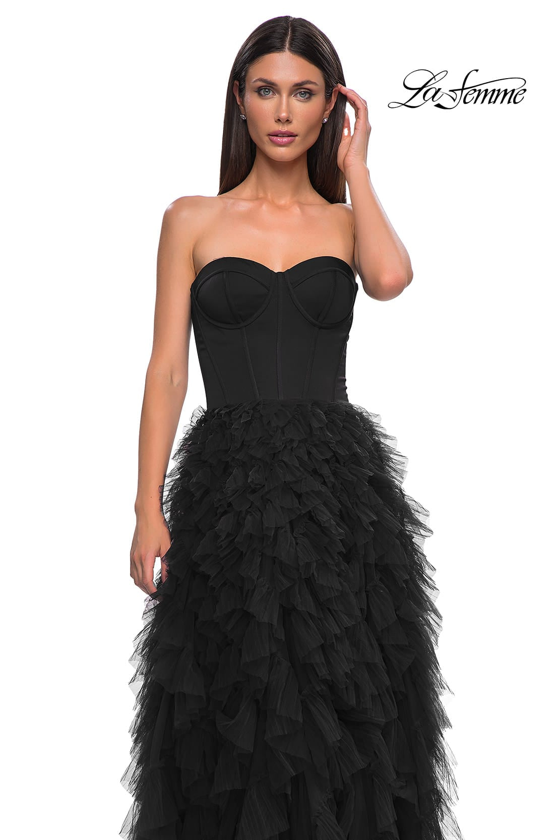 Picture of: Prom Dress with Tulle Ruffle Skirt and Satin Corset Top in Black , Style 32760, Detail Picture 10