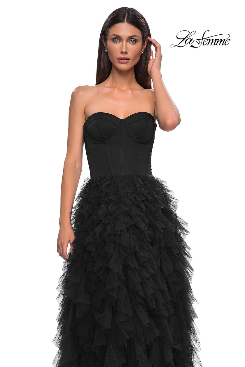 Picture of: Prom Dress with Tulle Ruffle Skirt and Satin Corset Top in Black , Style 32760, Detail Picture 10