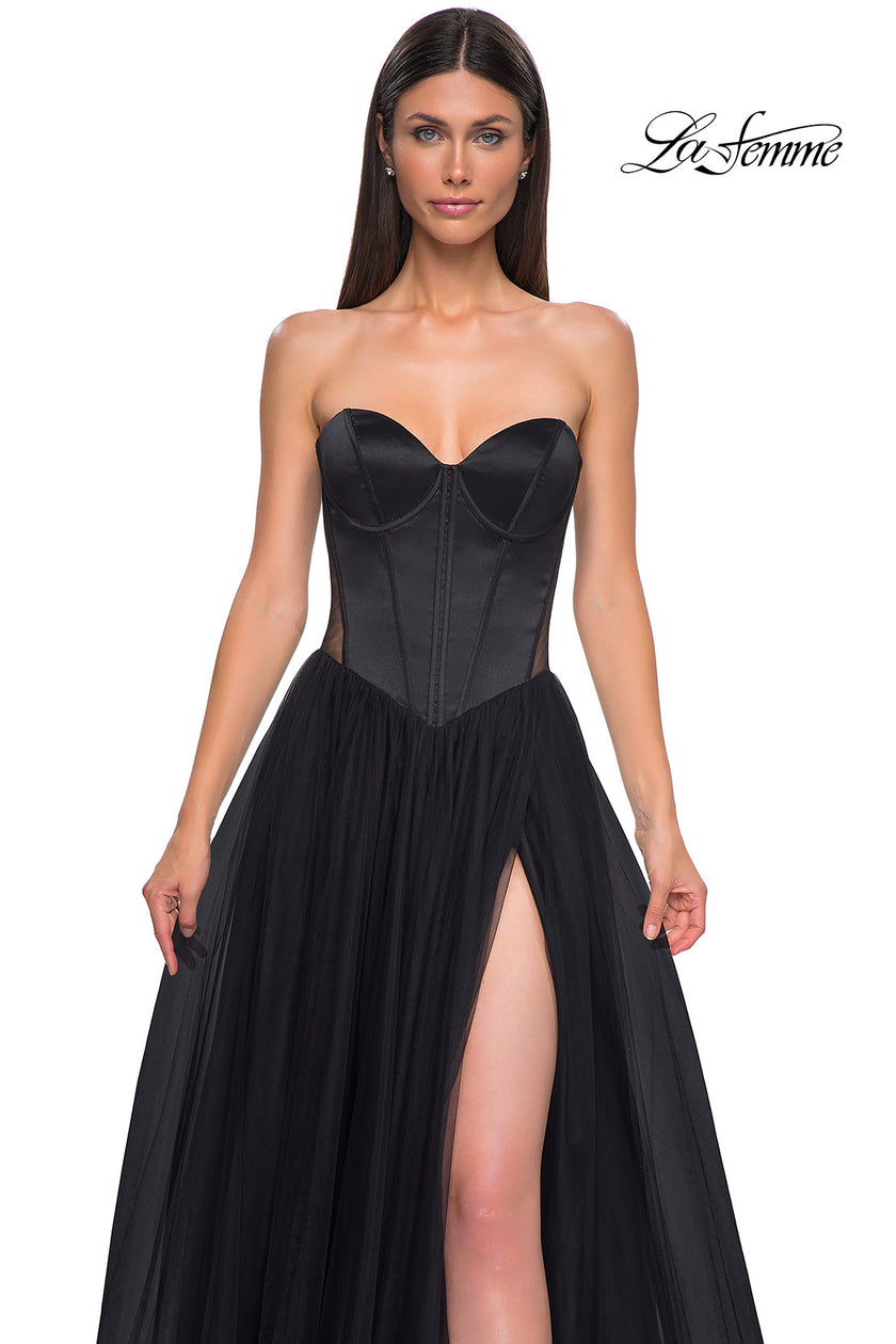 Picture of: Strapless Tulle Evening Dress with Basque Waist and Satin Bodice in Black , Style 32771, Detail Picture 10