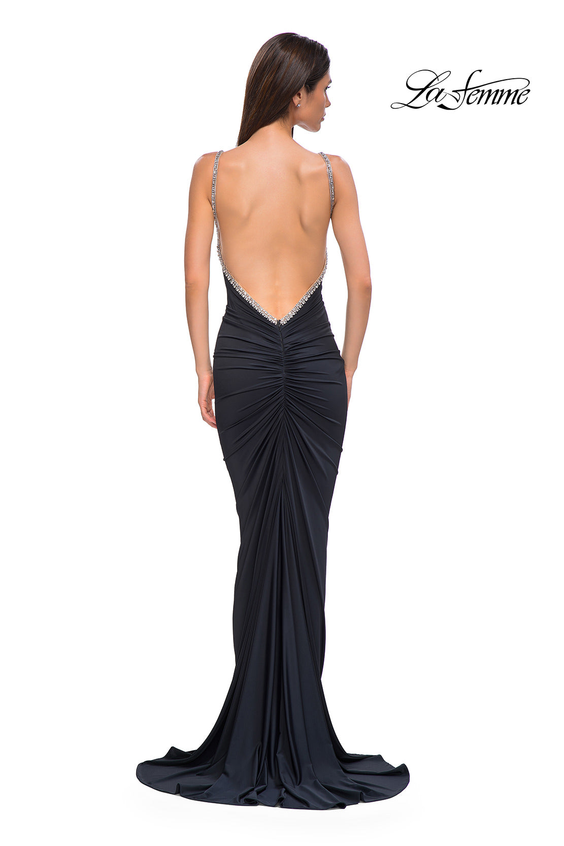 Picture of: Ruched Long Prom Dress with Low Back and Rhinestone Details in Black , Style 32970, Detail Picture 10
