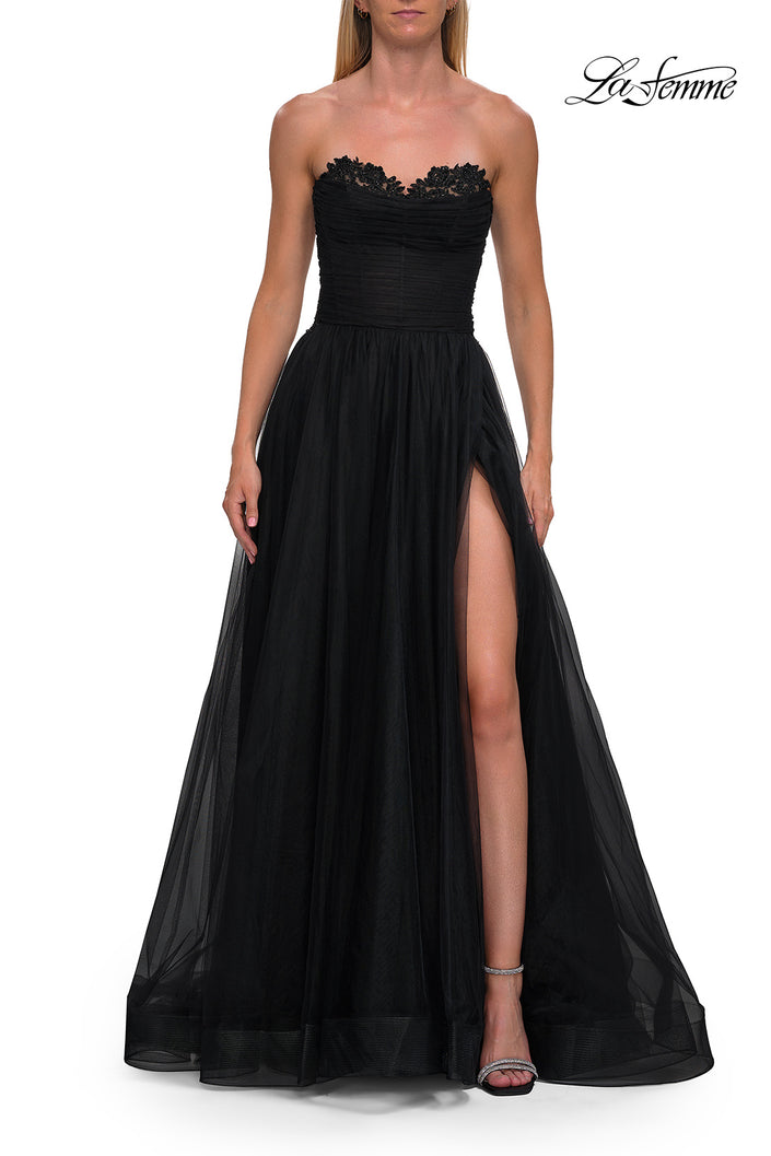 Picture of: Strapless Lace Corset Tulle Gown with Slit in Black, Style: 33363, Detail Picture 10
