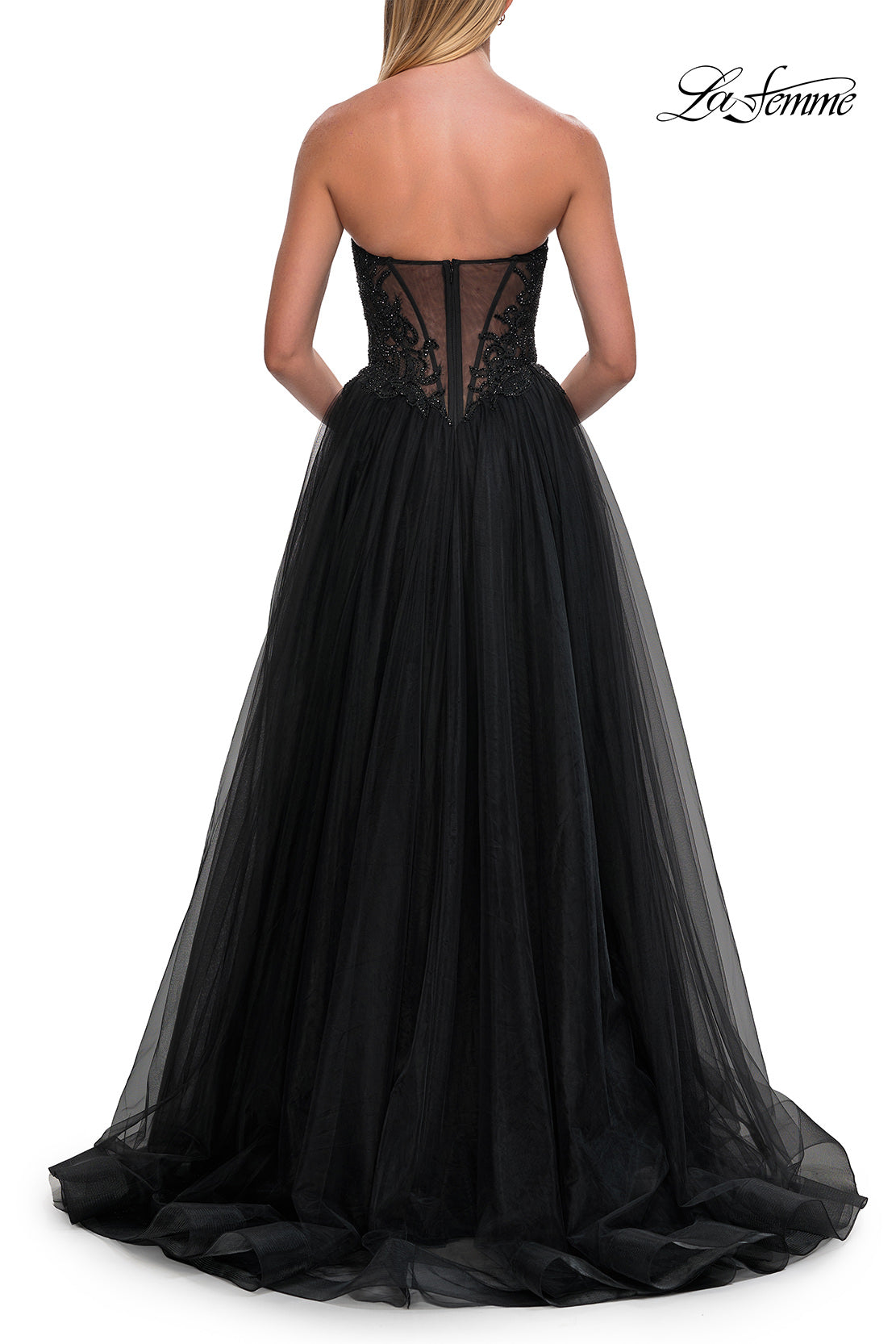 Picture of: Tulle Ball Gown with Beaded Corset Bodice and High Slit in Black, Style: 33410, Detail Picture 10