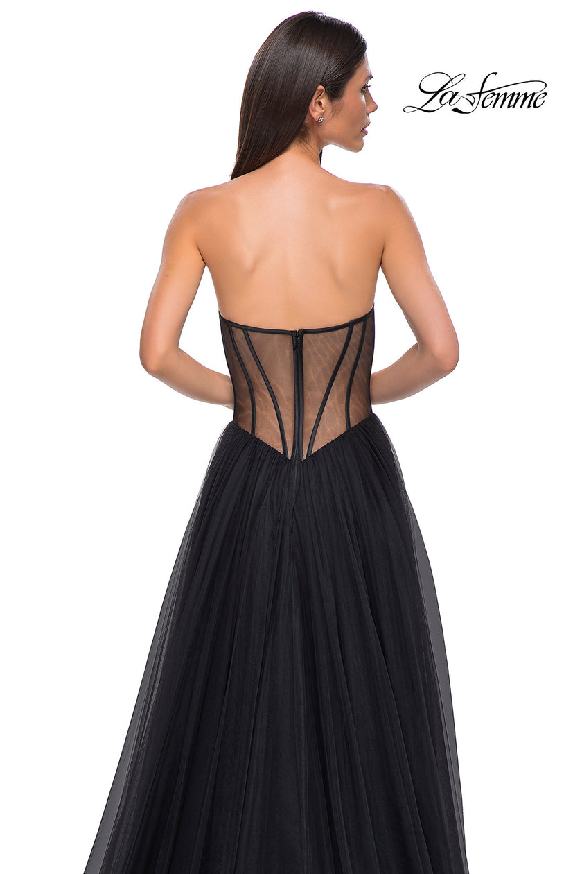 Picture of: Strapless Tulle Evening Dress with Basque Waist and Satin Bodice in Black , Style 32771, Detail Picture 11