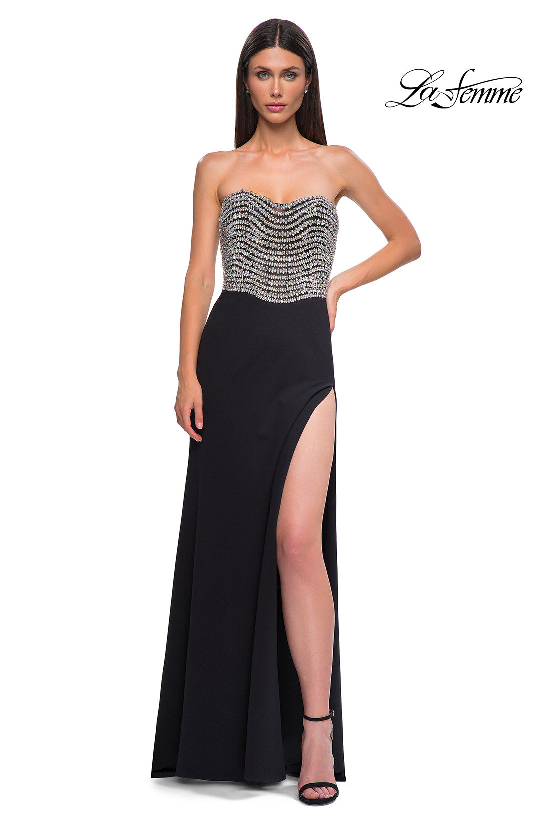 Picture of: Stunning Rhinestone Beaded Top Evening Dress with Jersey Skirt in Black , Style 32910, Detail Picture 11