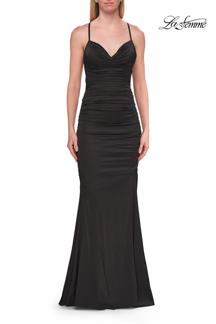 Picture of: Satin Gown with Cowl Neck and Open Back in Black, Style: 33193, Detail Picture 11