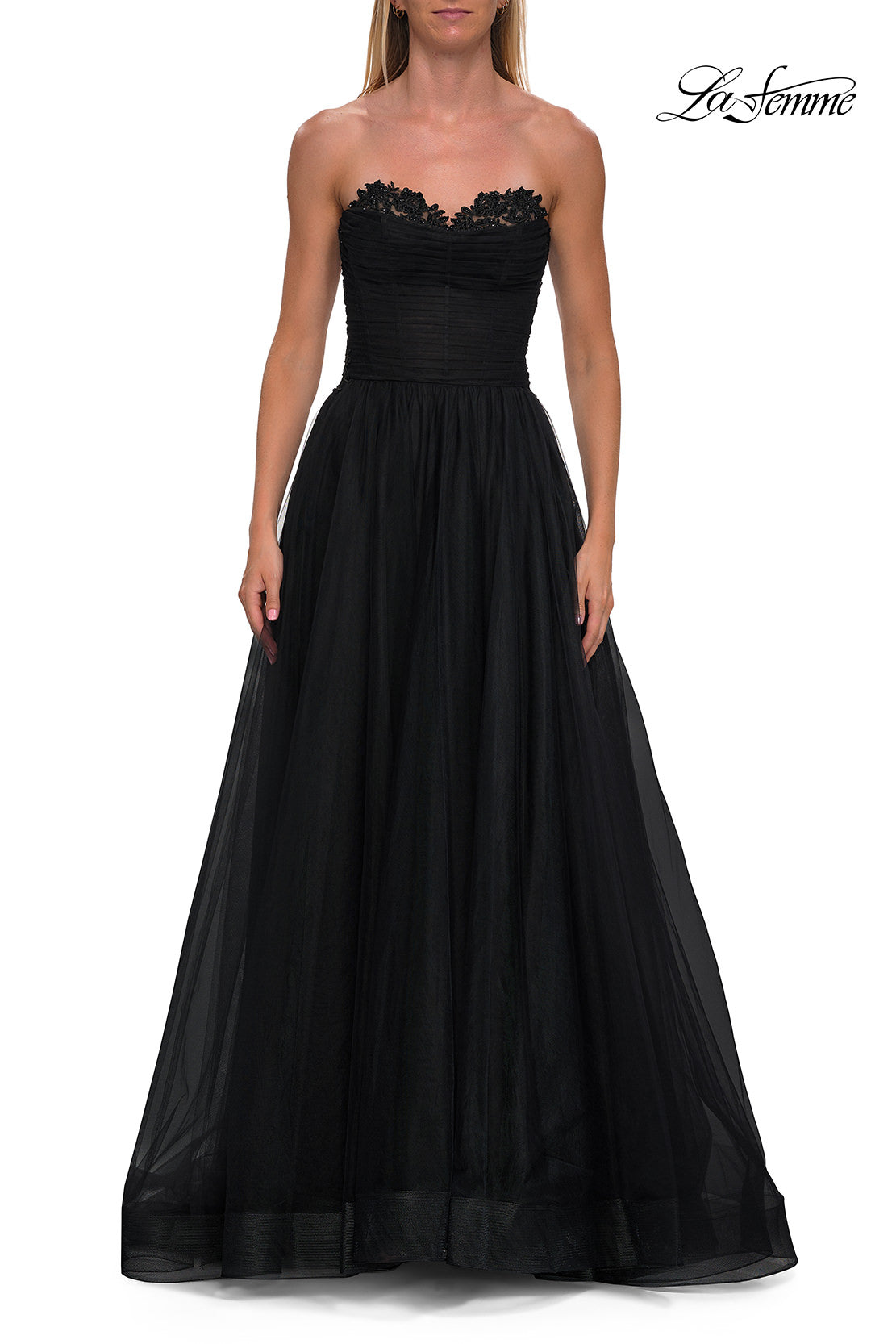 Picture of: Strapless Lace Corset Tulle Gown with Slit in Black, Style: 33363, Detail Picture 11