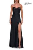 Picture of: Strapless Jersey Corset Gown with High Slit and Ruched Detail in Black, Style: 33396, Detail Picture 11