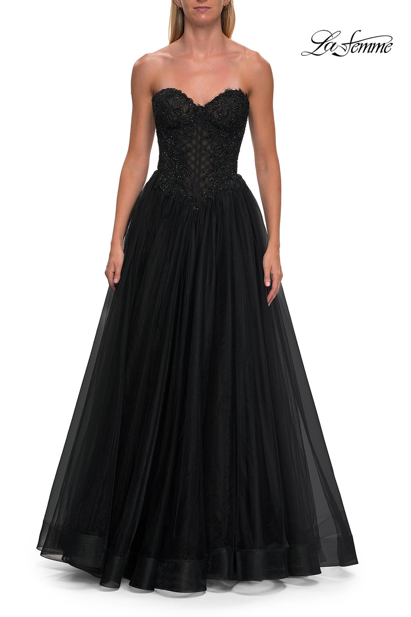 Picture of: Tulle Ball Gown with Beaded Corset Bodice and High Slit in Black, Style: 33410, Detail Picture 11