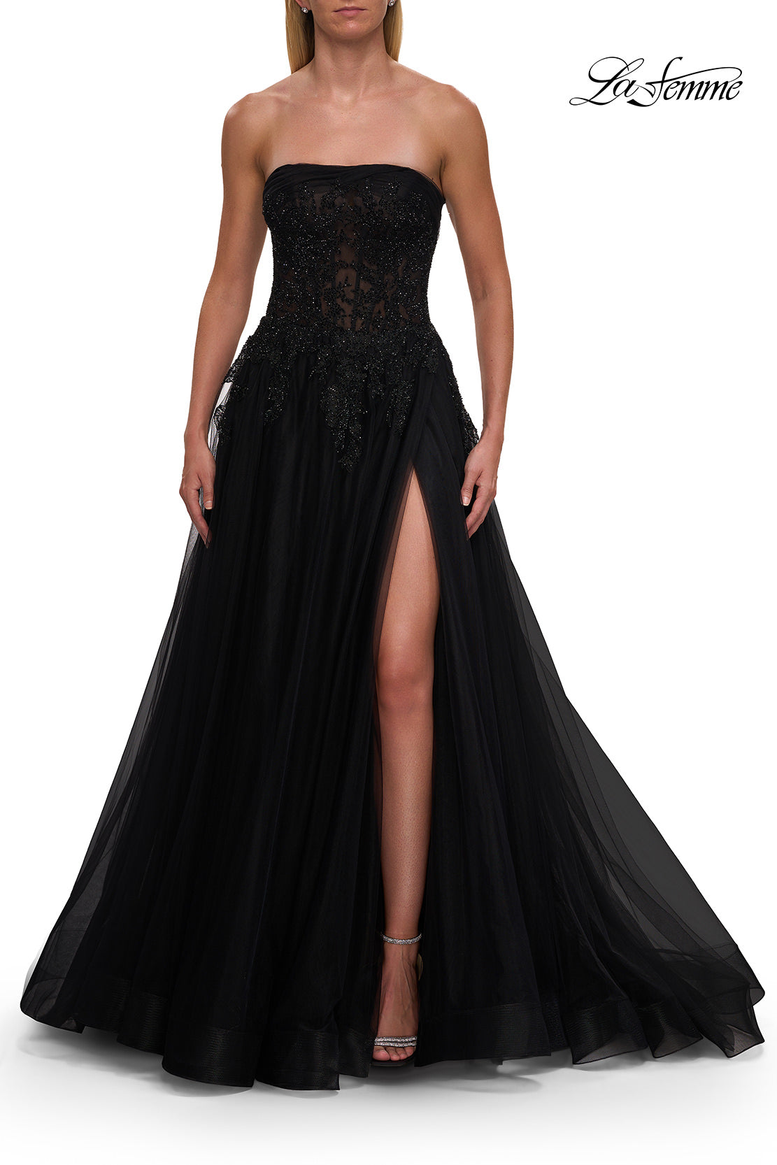 Picture of: Strapless A-Line Gown with Embroidered Corset and Slit in Black, Style: 33528, Detail Picture 11