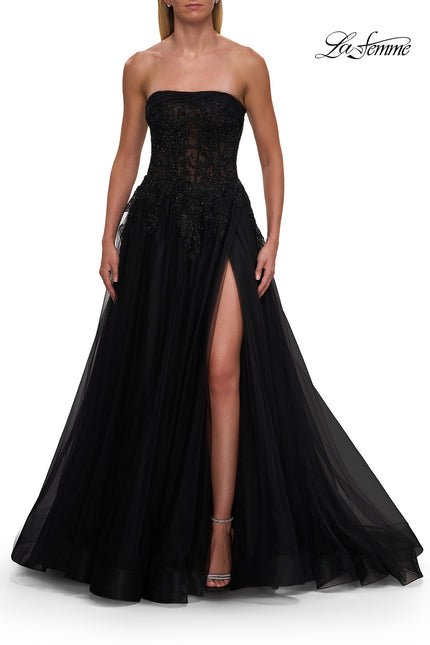 Picture of: Strapless A-Line Gown with Embroidered Corset and Slit in Black, Style: 33528, Detail Picture 11