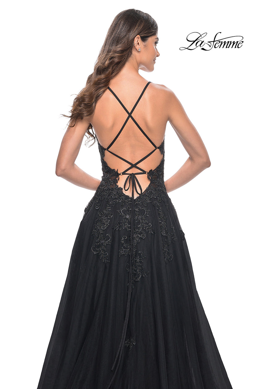 Picture of: A-Line Tulle Dress with Rhinestone Embellished Lace Applique in Black, Style: 32022, Detail Picture 12