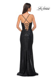 Picture of: Fitted Metallic Jersey Prom Dress with Corset Style Top in Black , Style 32877, Detail Picture 12