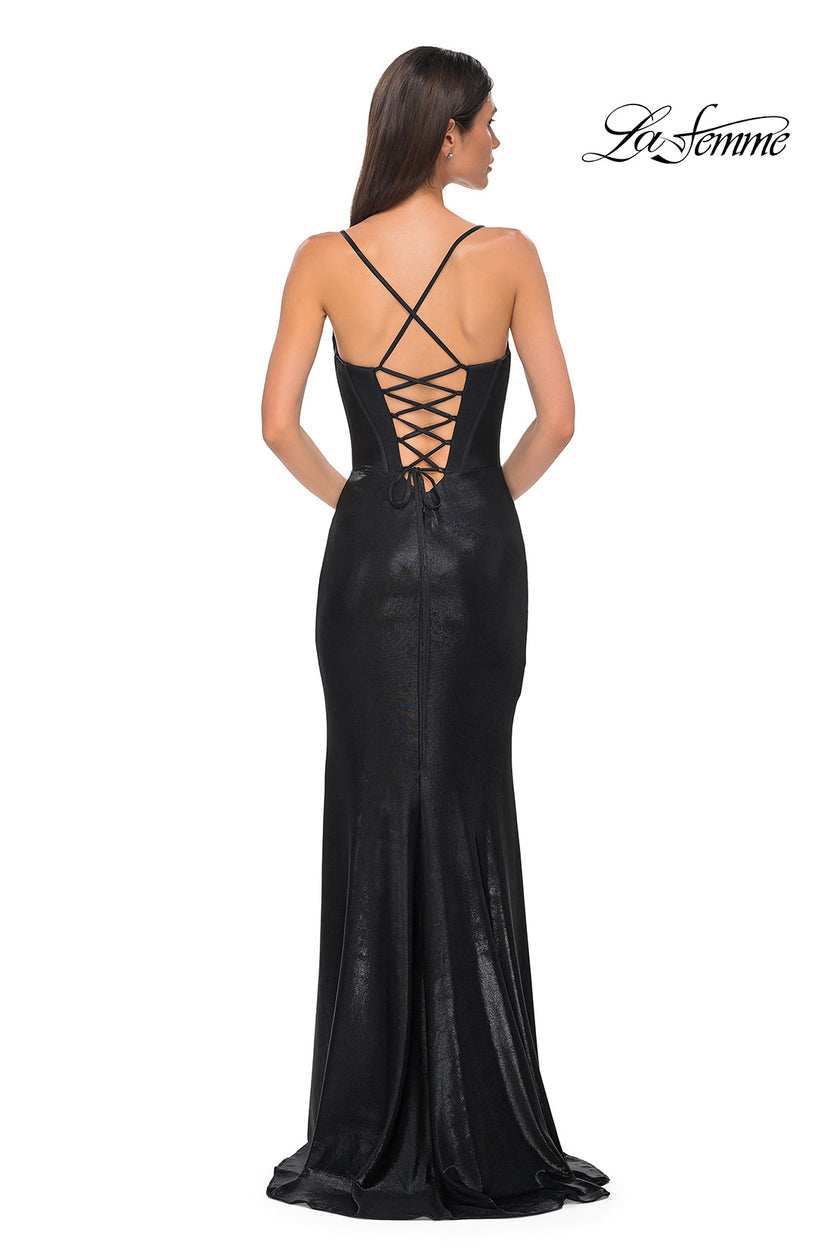Picture of: Fitted Metallic Jersey Prom Dress with Corset Style Top in Black , Style 32877, Detail Picture 12