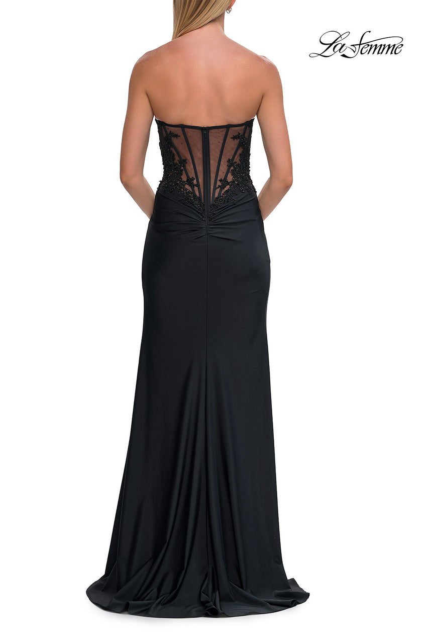 Picture of: Strapless Jersey Corset Gown with High Slit and Ruched Detail in Black, Style: 33396, Detail Picture 12