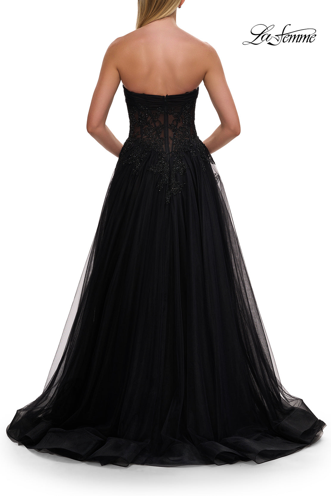 Picture of: Strapless A-Line Gown with Embroidered Corset and Slit in Black, Style: 33528, Detail Picture 12