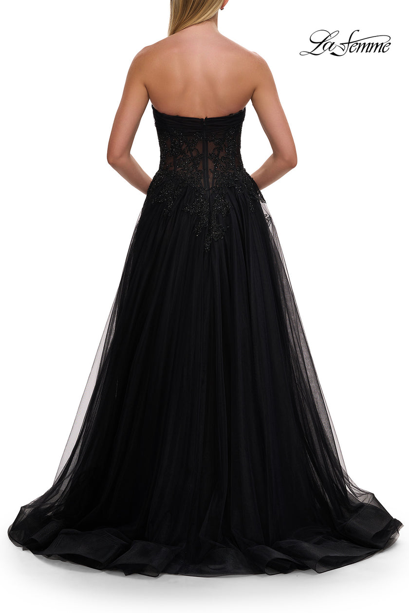 Picture of: Strapless A-Line Gown with Embroidered Corset and Slit in Black, Style: 33528, Detail Picture 12