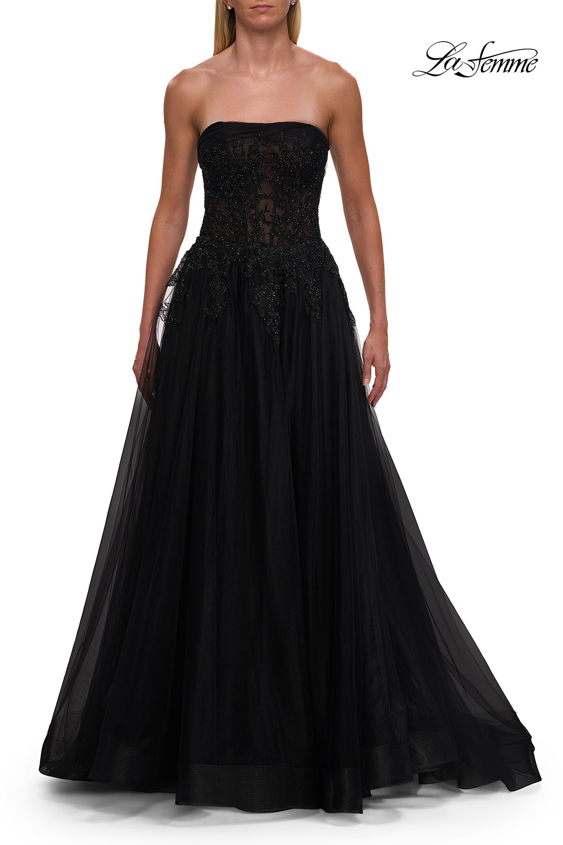 Picture of: Strapless A-Line Gown with Embroidered Corset and Slit in Black, Style: 33528, Detail Picture 13