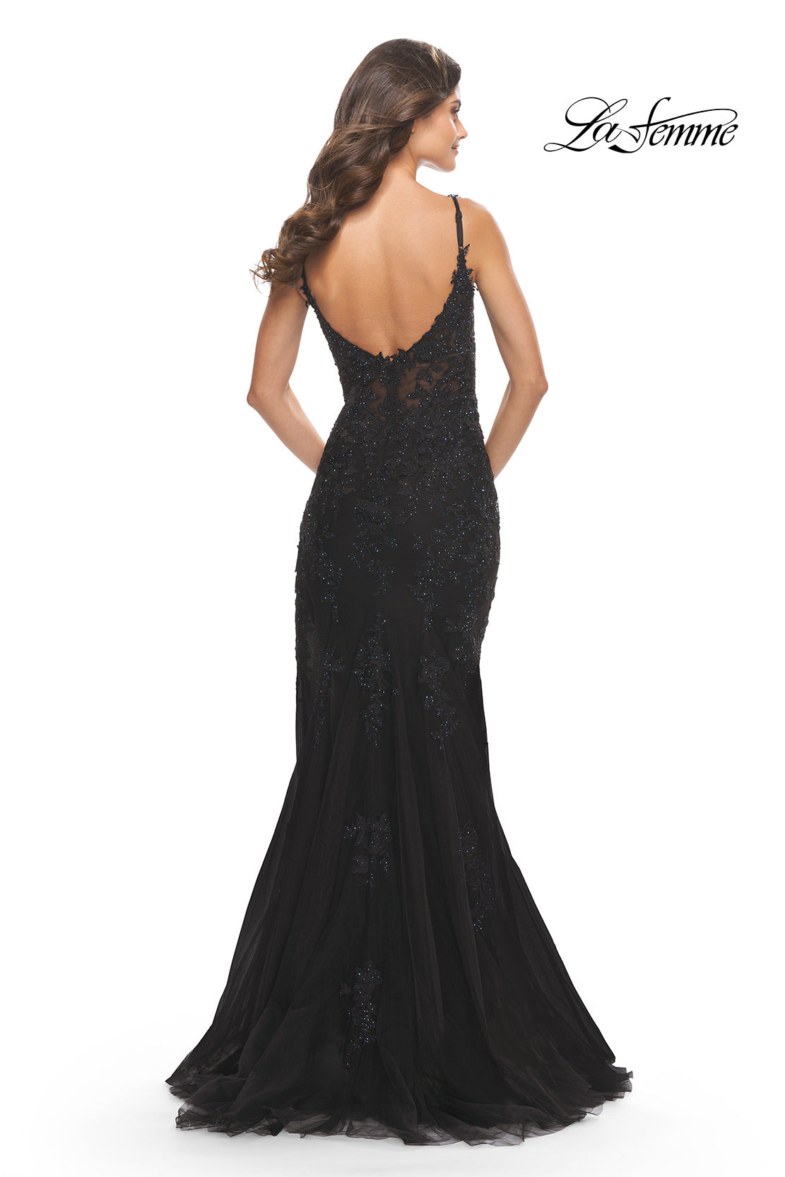 Picture of: Lace Dress with High Side Slit and V Neckline in Black, Style: 30767, Detail Picture 14
