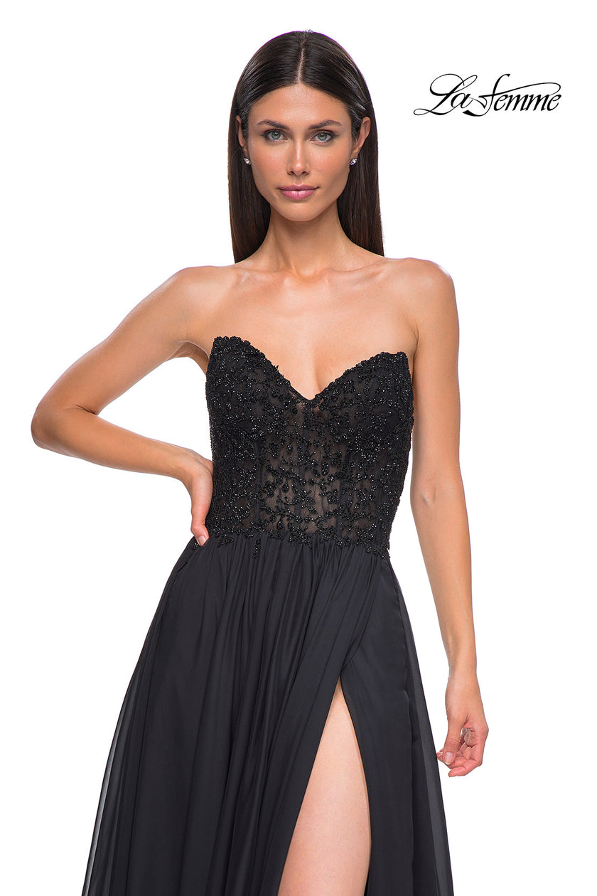 Picture of: Chiffon Gown with High Slit and Strapless Lace Top in Black , Style 32804, Detail Picture 14