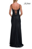 Picture of: Cowl Neck Fitted Gown with Slit and Lace-Up Back in Black, Style: 33365, Detail Picture 14