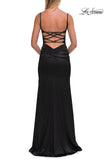 Picture of: Fitted Satin Gown with Plunging Neckline and Strappy Back in Black, Style: 33423, Detail Picture 14
