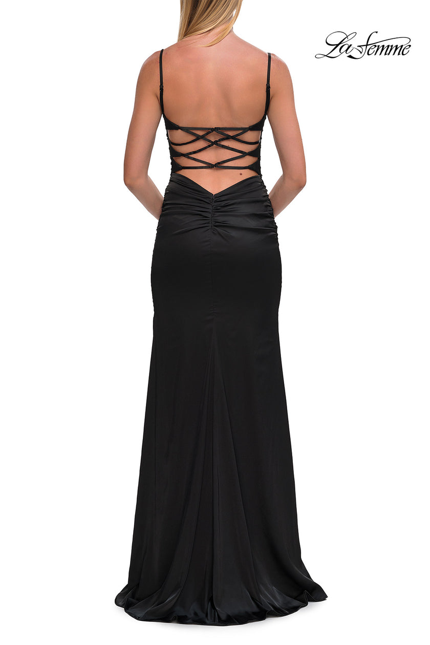 Picture of: Fitted Satin Gown with Plunging Neckline and Strappy Back in Black, Style: 33423, Detail Picture 14