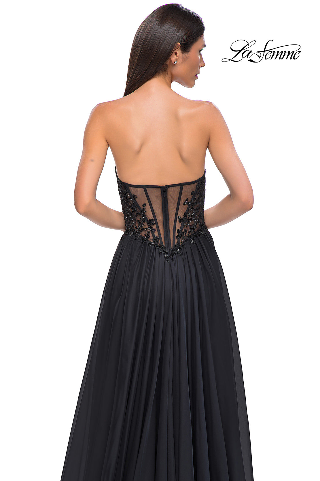 Picture of: Chiffon Gown with High Slit and Strapless Lace Top in Black , Style 32804, Detail Picture 15