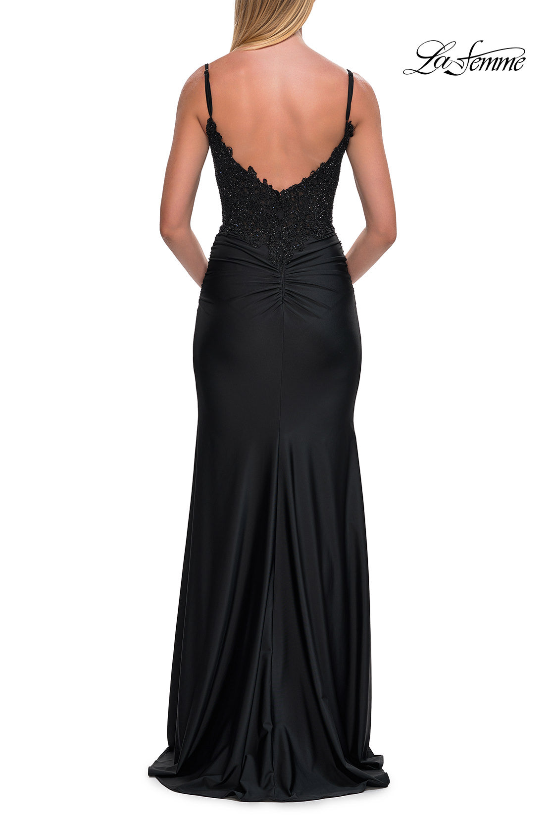 Picture of: Rhinestone Lace Bodice Jersey Gown with Slit and Low Back in Black, Style: 33439, Detail Picture 15