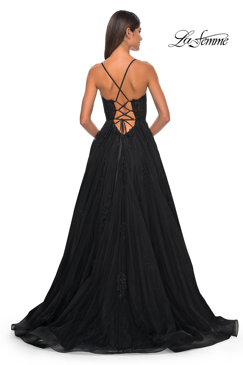 Picture of: A-Line Tulle Gown with Scallop Detail Bodice and Lace Applique in Black, Style: 32028, Detail Picture 16