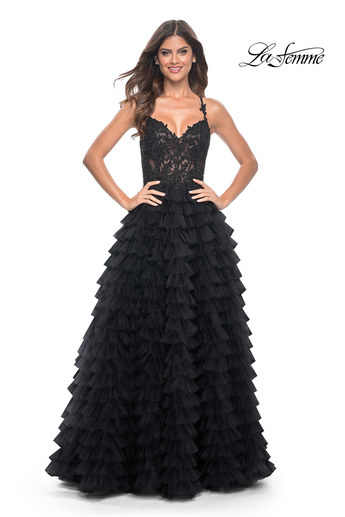 Picture of: Ruffle Tulle Prom Gown with Illusion Lace Bodice and High Slit in Black, Style: 32128, Detail Picture 16