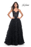 Picture of: Ruffle Tulle Prom Gown with Illusion Lace Bodice and High Slit in Black, Style: 32128, Detail Picture 16