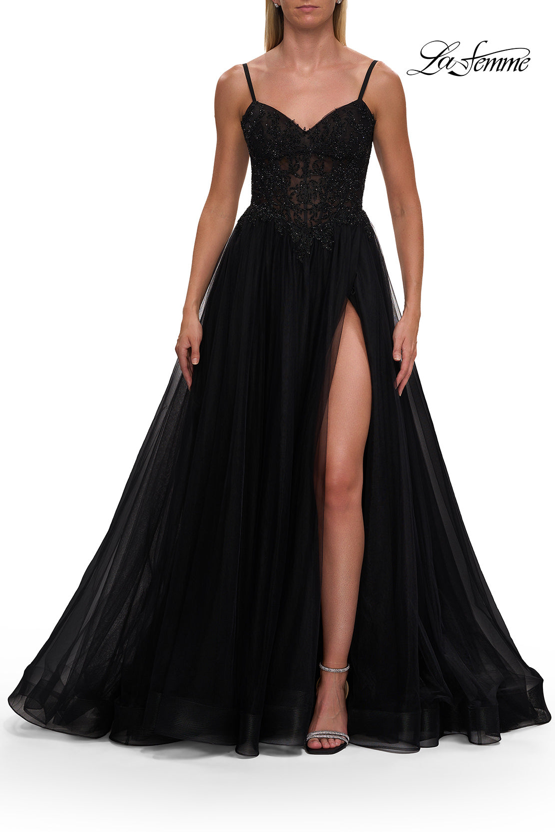 Picture of: Lace Corset Tulle Gown with High Slit and A-Line Skirt in Black, Style: 33436, Detail Picture 16