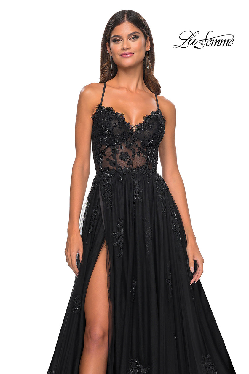 Picture of: A-Line Tulle Gown with Scallop Detail Bodice and Lace Applique in Black, Style: 32028, Detail Picture 17