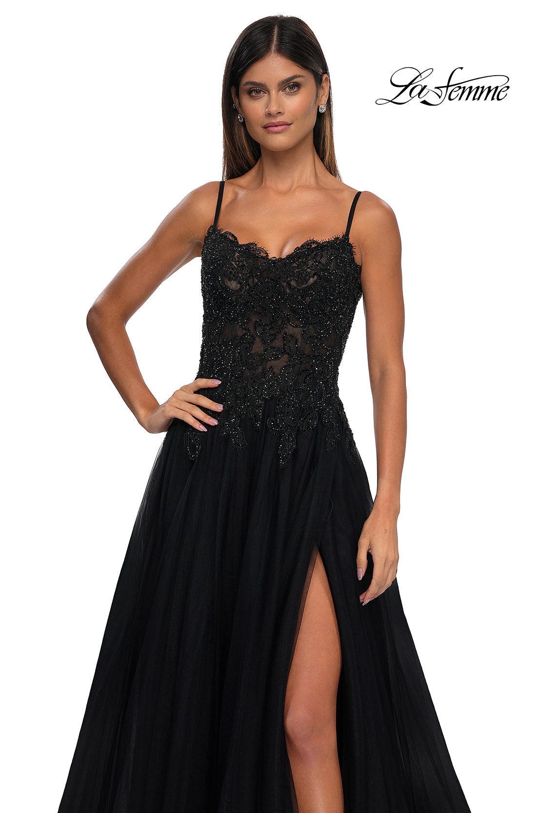 Picture of: Lace and Tulle A-line Prom Dress with High Slit in Black , Style: 32646, Detail Picture 17