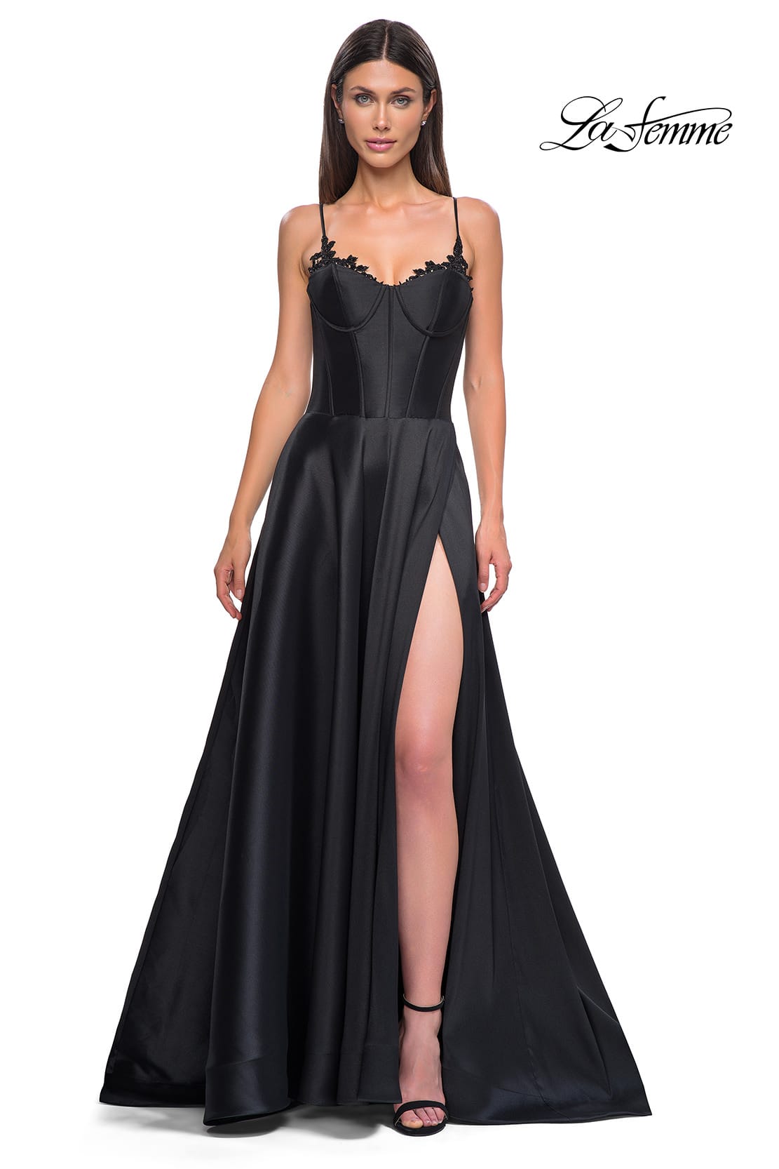 Picture of: Mikado A-line Gown with Lace Detail Neckline in Black , Style 32878, Detail Picture 17