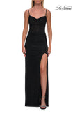 Picture of: Rhinestone Fitted Gown with Draped Bodice and Sheer Corset Back in Black, Style: 33343, Detail Picture 17