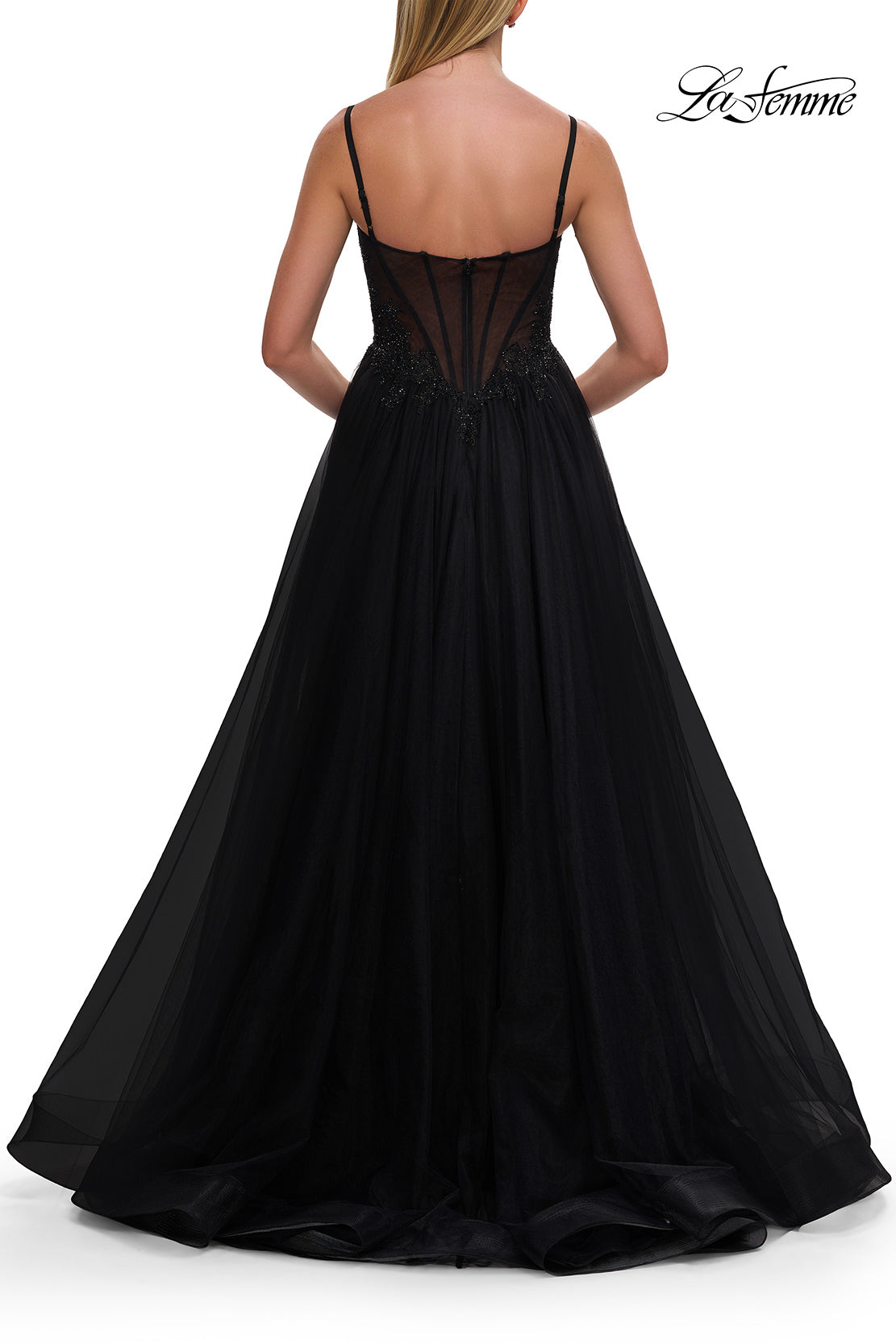 Picture of: Lace Corset Tulle Gown with High Slit and A-Line Skirt in Black, Style: 33436, Detail Picture 17