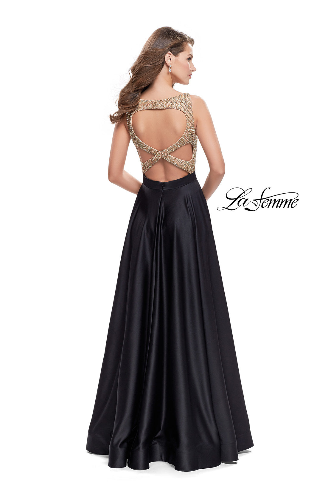 Picture of: Long A Line Dress with Beaded Top and Cut Outs in Black, Style: 25362, Back Picture