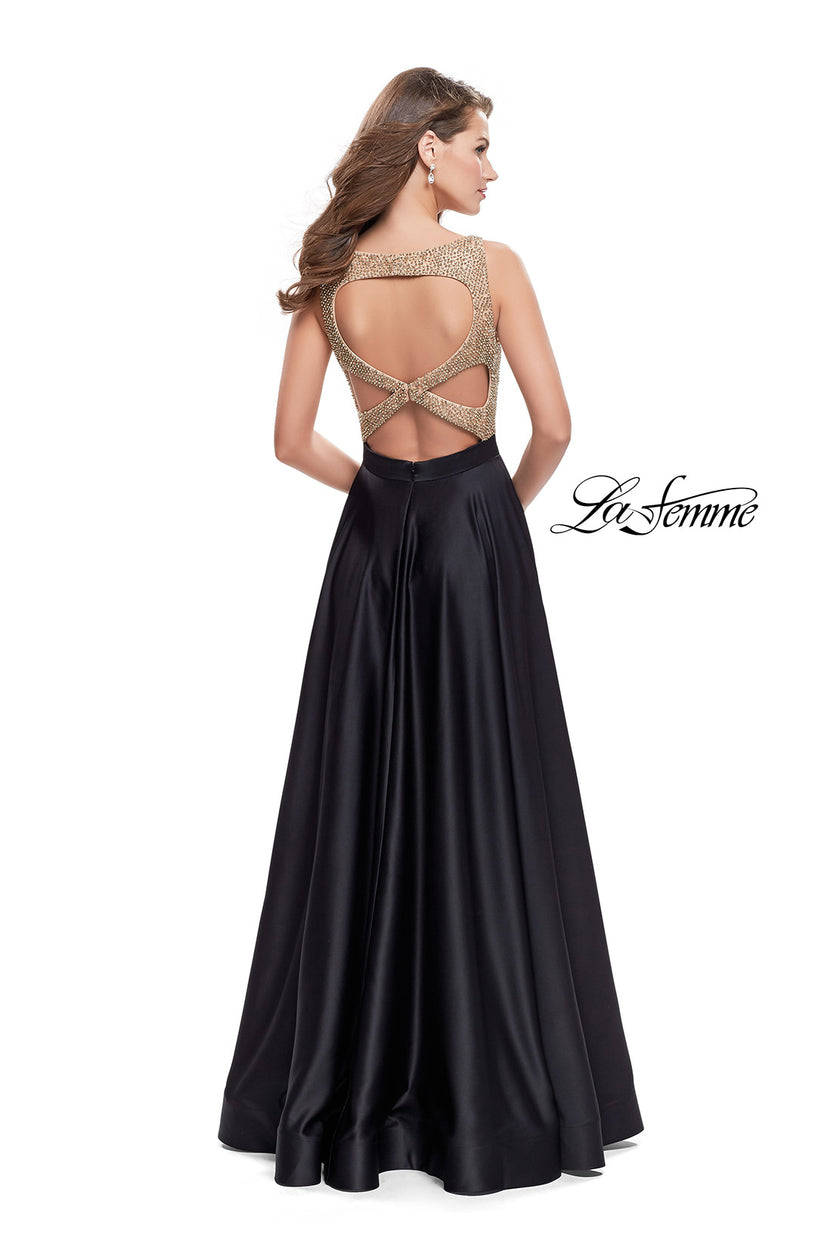 Picture of: Long A Line Dress with Beaded Top and Cut Outs in Black, Style: 25362, Back Picture