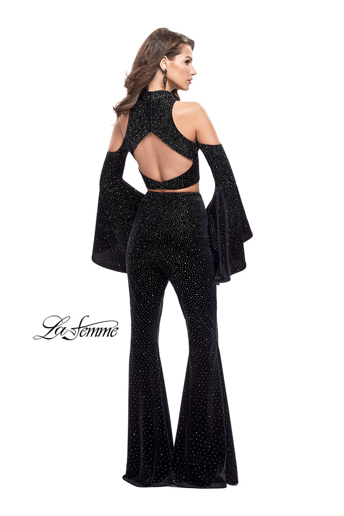 Picture of: Two Piece Sparkling Pants Set with Shoulder Cutouts in Black, Style: 25410, Back Picture
