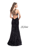 Picture of: Long Velvet Gown with a High Neck and Deep V in Black, Style: 25490, Back Picture