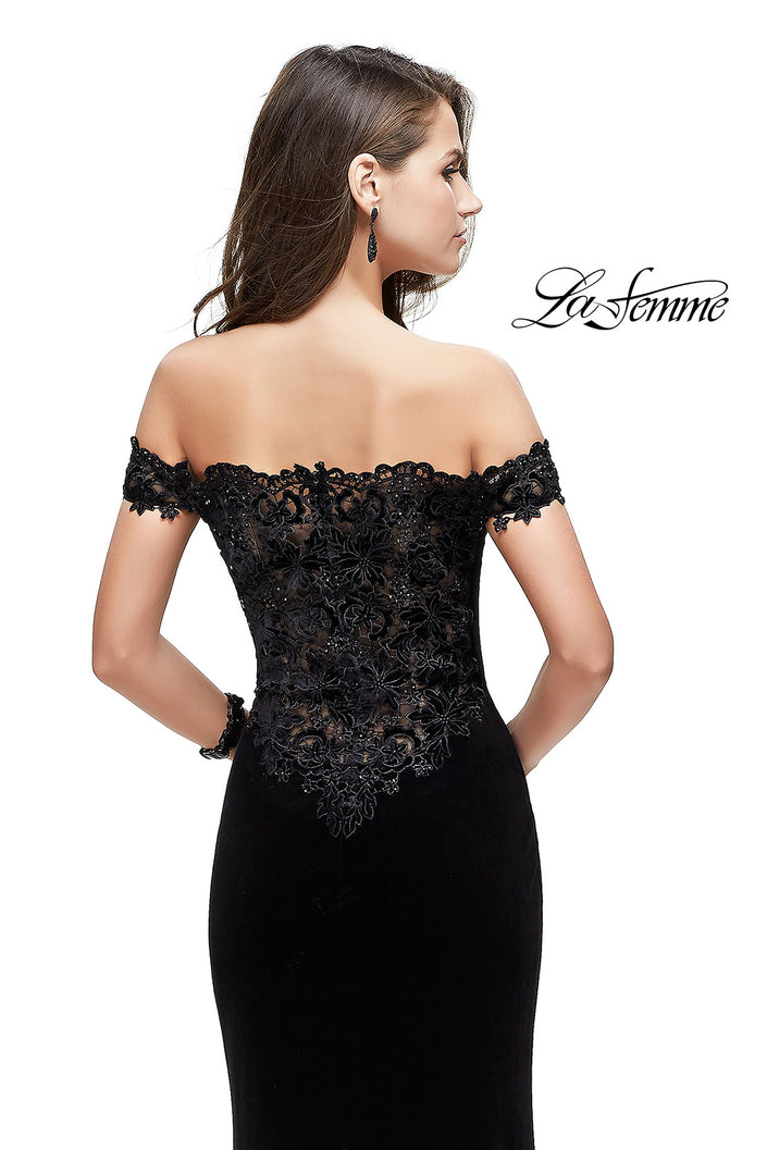 Picture of: Long Velvet Off the Shoulder Gown with Lace Detail in Black, Style: 25591, Back Picture
