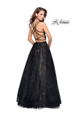 Picture of: Two Piece Long Ball Gown with Velvet Top and Open Back in Black, Style: 25592, Back Picture