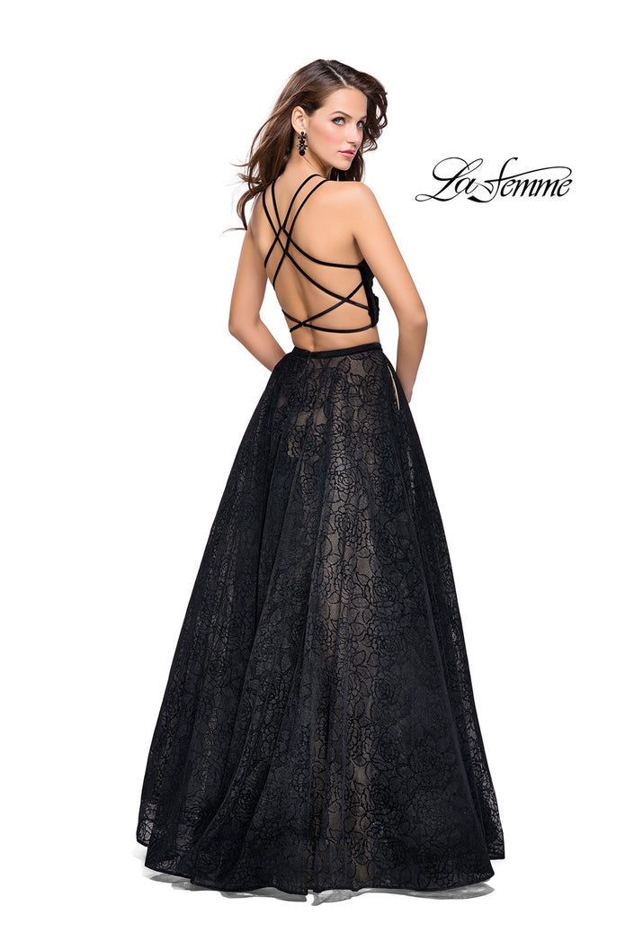 Picture of: Two Piece Long Ball Gown with Velvet Top and Open Back in Black, Style: 25592, Back Picture