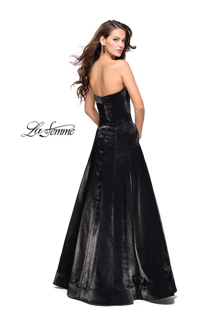 Picture of: Long Strapless Two-Tone Satin Ball Gown with Pockets in Black, Style: 25638, Back Picture
