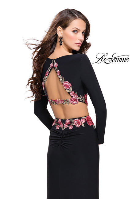 Picture of: Long Sleeve Two Piece Dress with Floral Applique in Black, Style: 25695, Back Picture