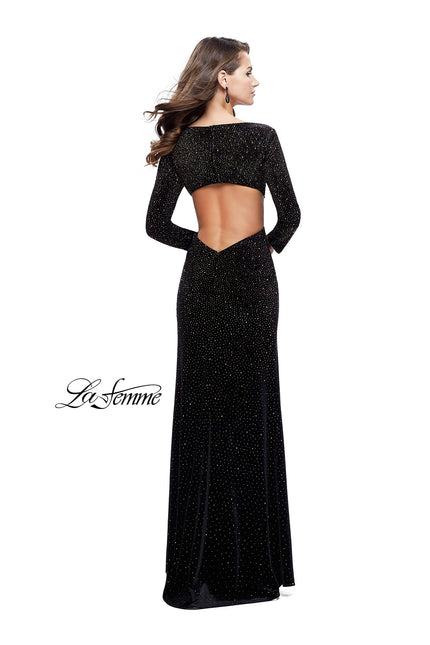 Picture of: Sparkling Velvet Prom Dress with Boat Neckline in Black, Style: 25727, Back Picture